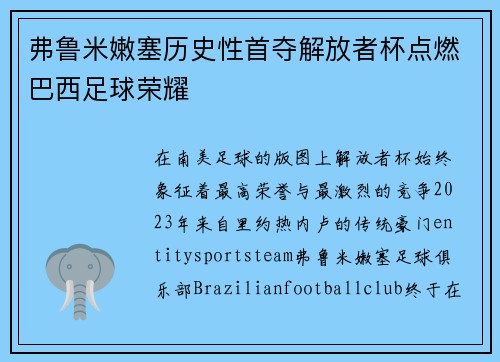 弗鲁米嫩塞历史性首夺解放者杯点燃巴西足球荣耀